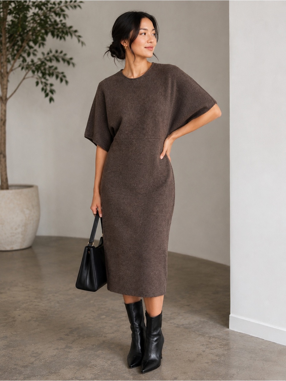 ZARA Brown Knit Batwing Sleeve Midi Dress Wool Blend size M